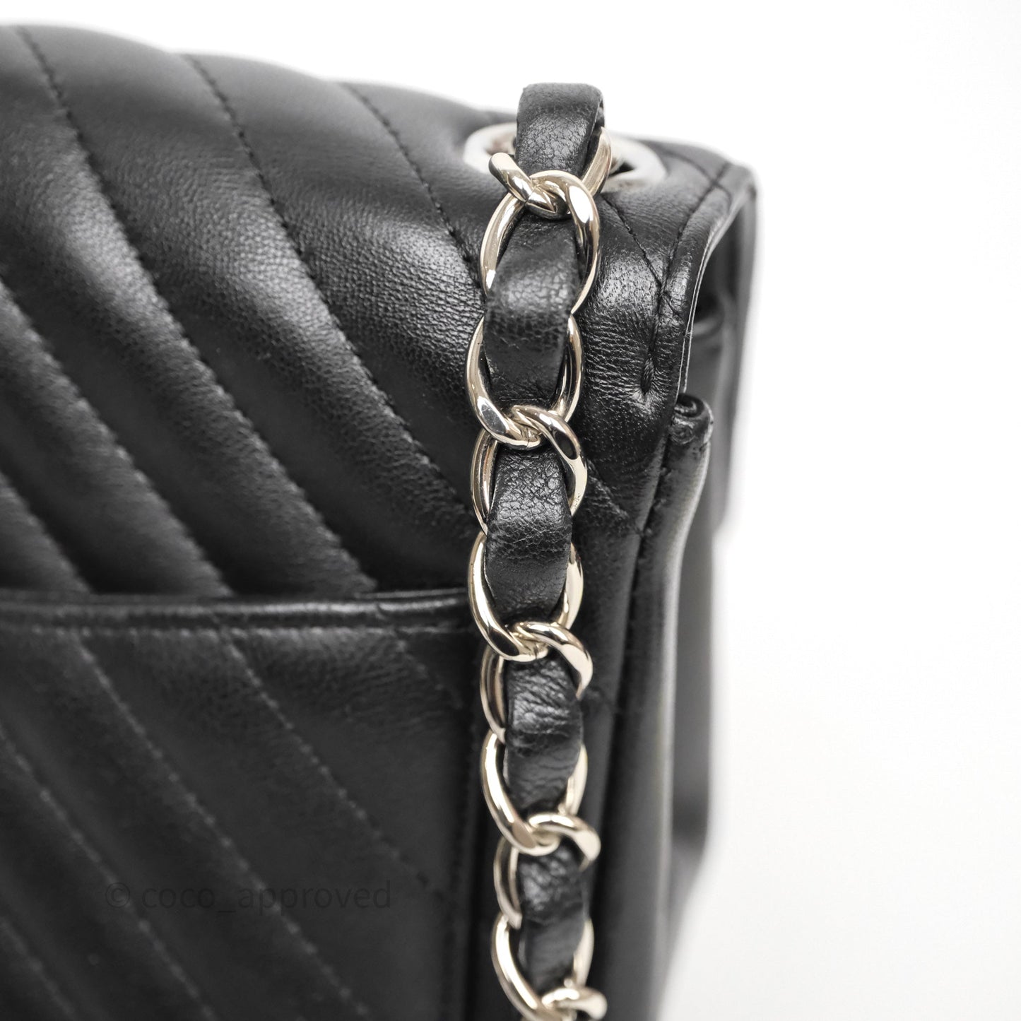Chanel Mini Square Black Lambskin Chervon Bag Silver Hardware