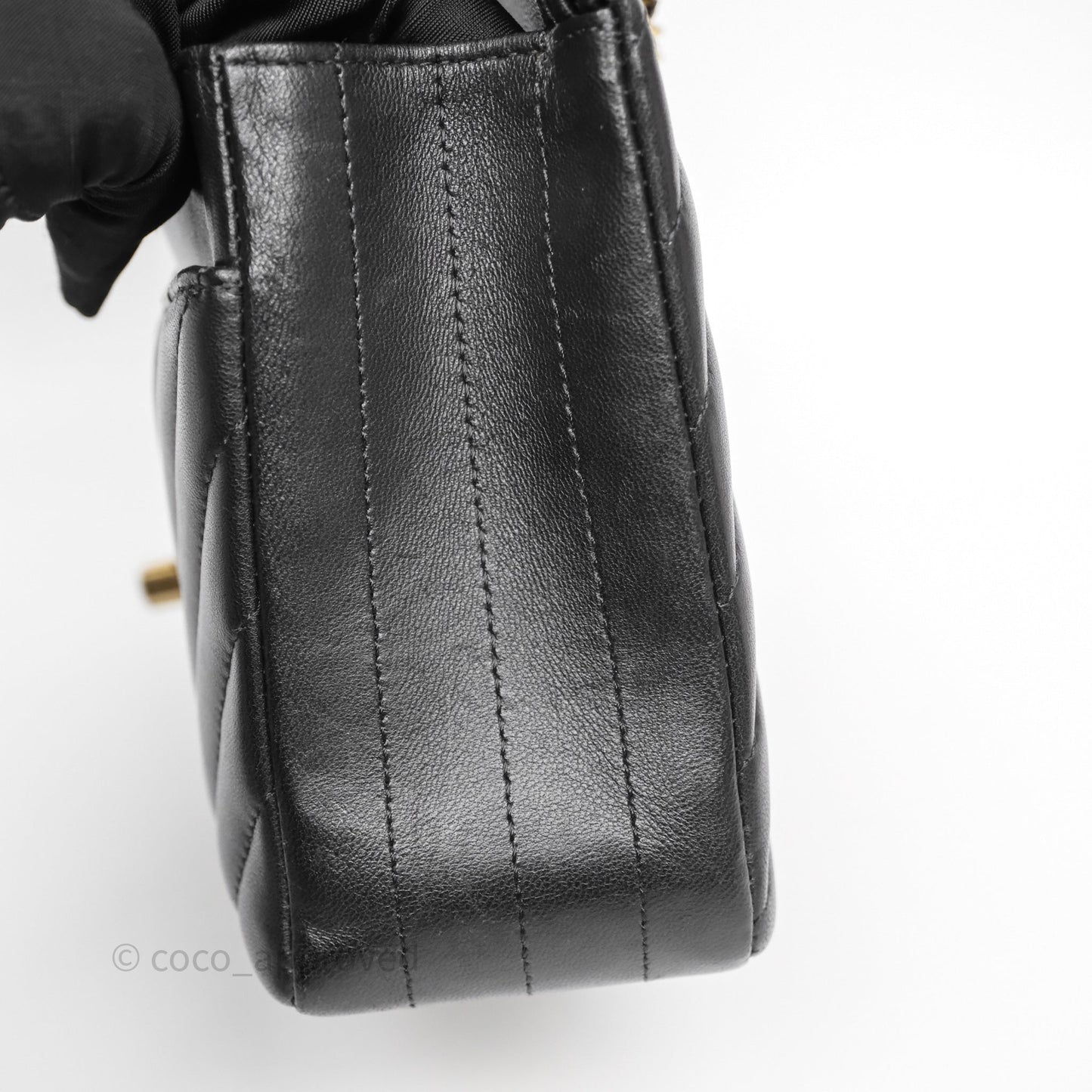 Chanel Mini Square Black Lambskin Chervon Bag Silver Hardware