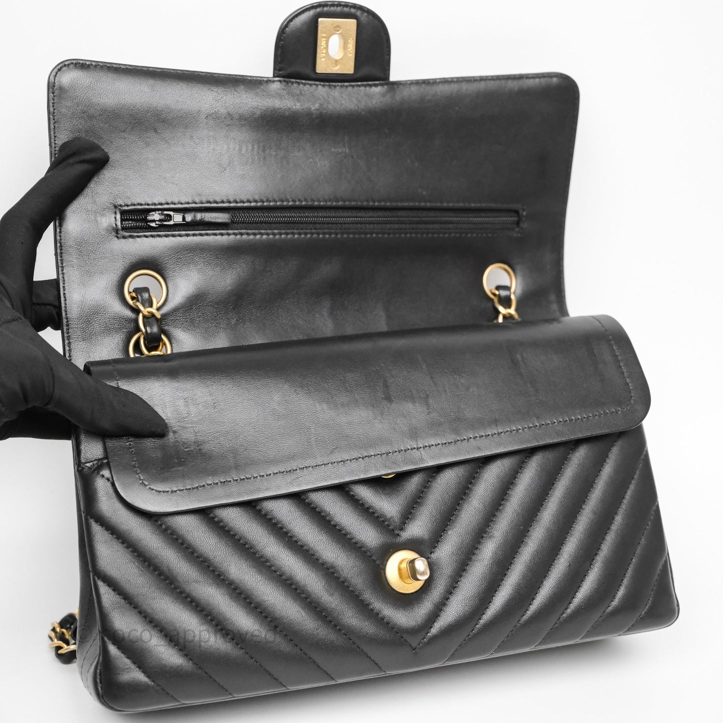 Chanel Mini Square Black Lambskin Chervon Bag Silver Hardware