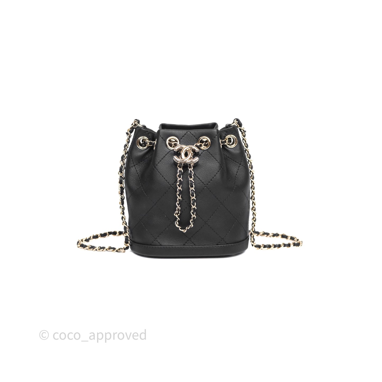 Chanel Quilted Drawstring Bucket Bag Black Calfskin Gold Hardware