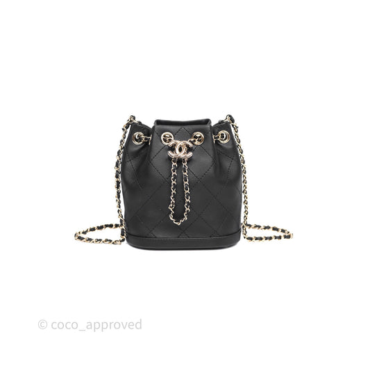 Chanel Quilted Drawstring Bucket Bag Black Calfskin Gold Hardware