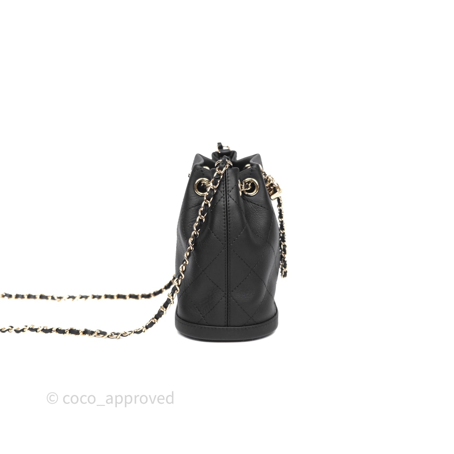 Chanel Quilted Drawstring Bucket Bag Black Calfskin Gold Hardware