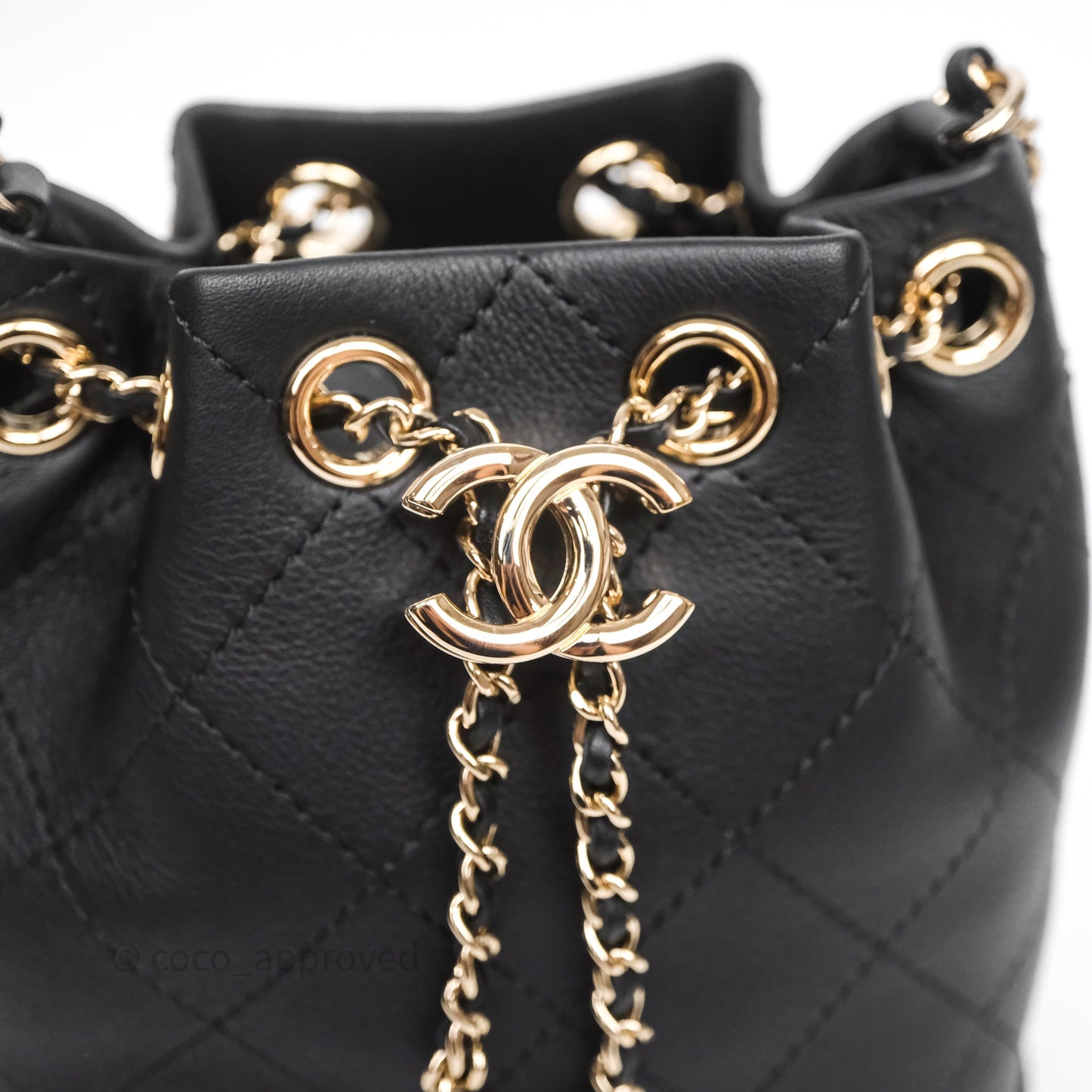 Chanel Quilted Drawstring Bucket Bag Black Calfskin Gold Hardware