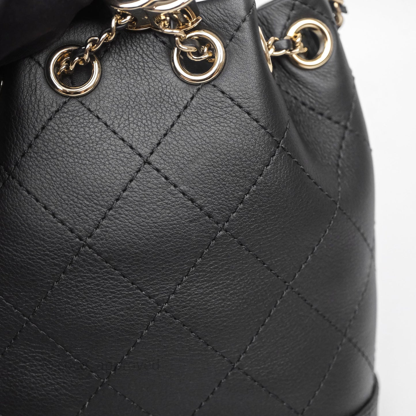 Chanel Quilted Drawstring Bucket Bag Black Calfskin Gold Hardware