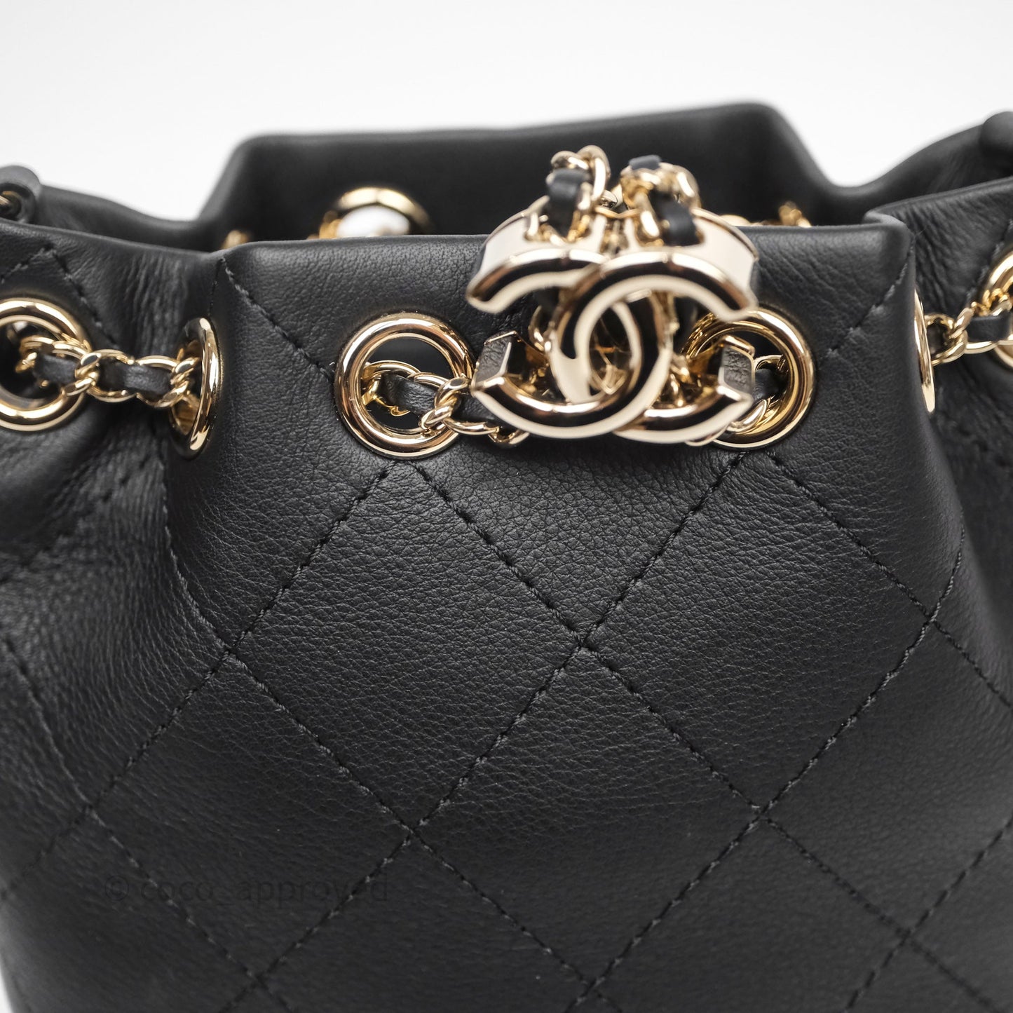 Chanel Quilted Drawstring Bucket Bag Black Calfskin Gold Hardware