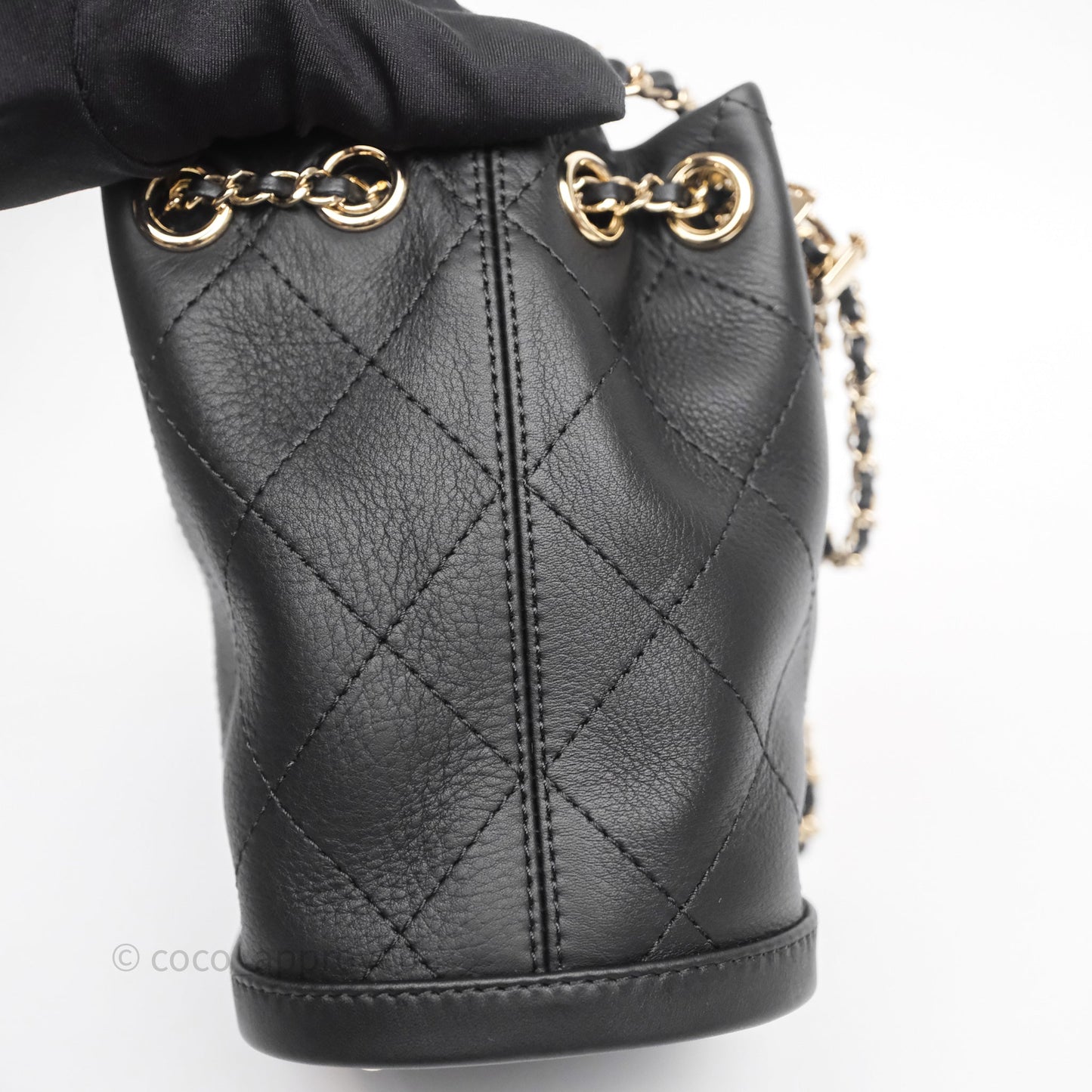 Chanel Quilted Drawstring Bucket Bag Black Calfskin Gold Hardware