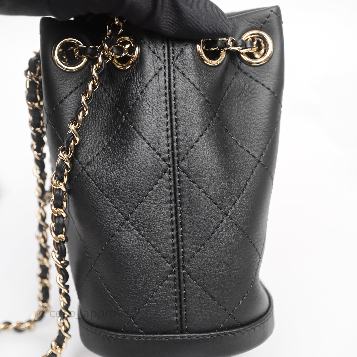 Chanel Quilted Drawstring Bucket Bag Black Calfskin Gold Hardware