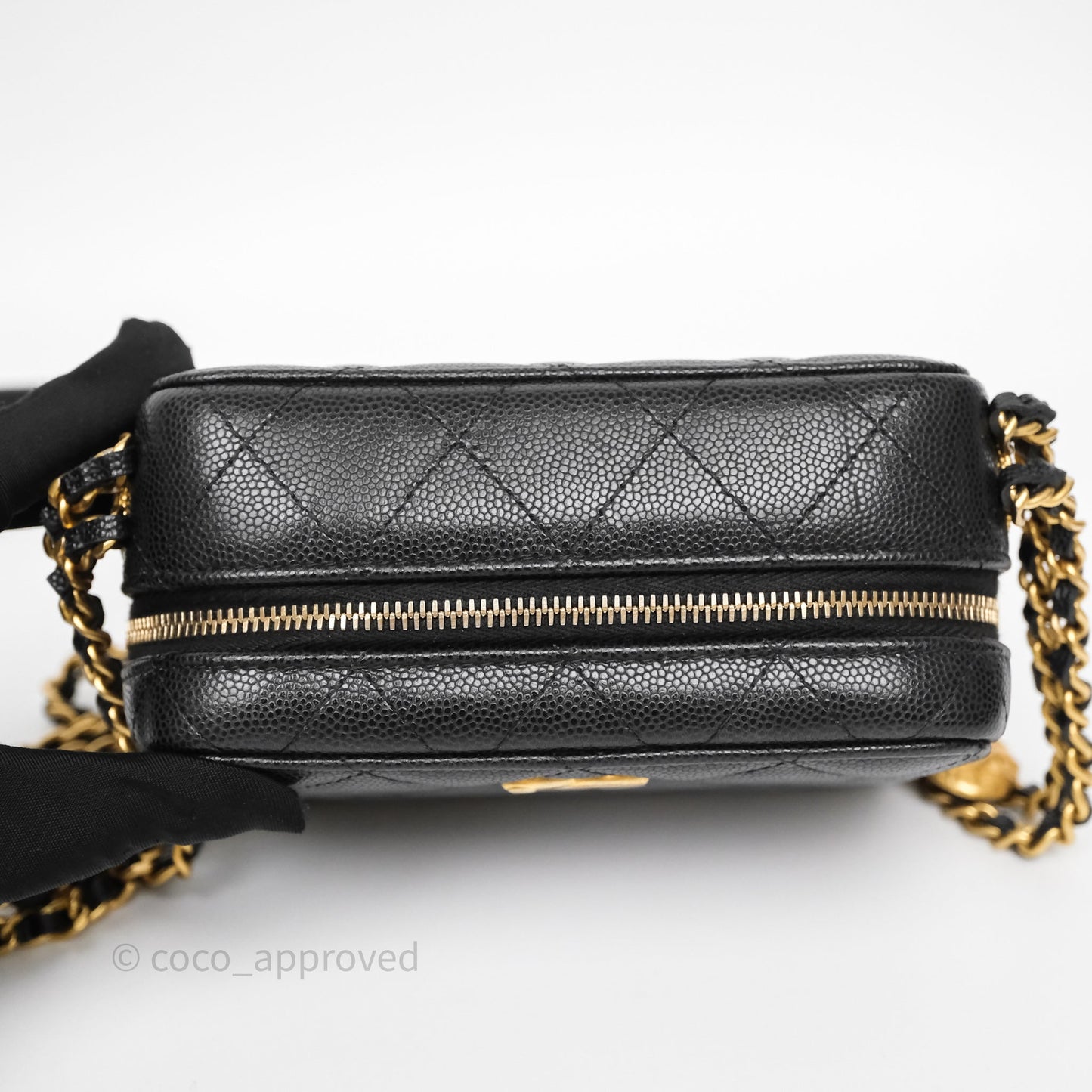 Chanel Quilted CC Coins Purse Chain Camera Case Black Caviar Aged Gold Hardware