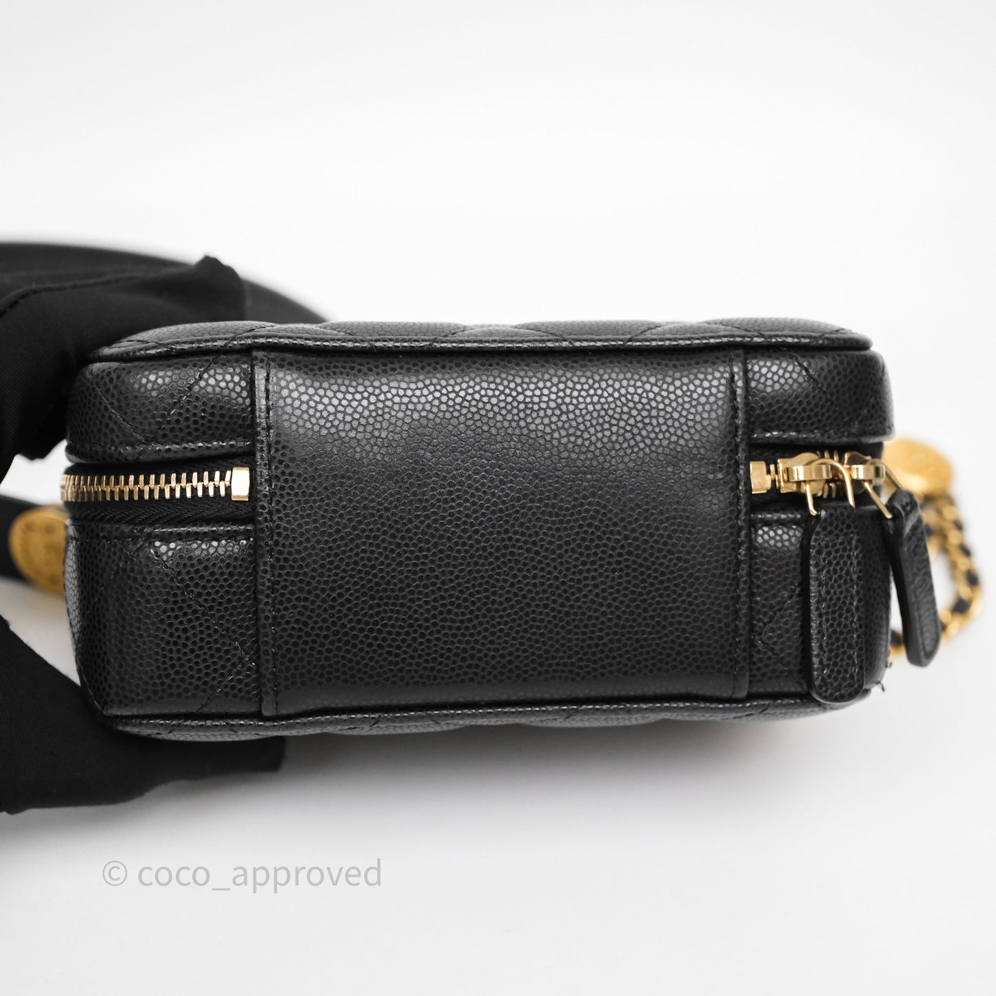 Chanel Quilted CC Coins Purse Chain Camera Case Black Caviar Aged Gold Hardware