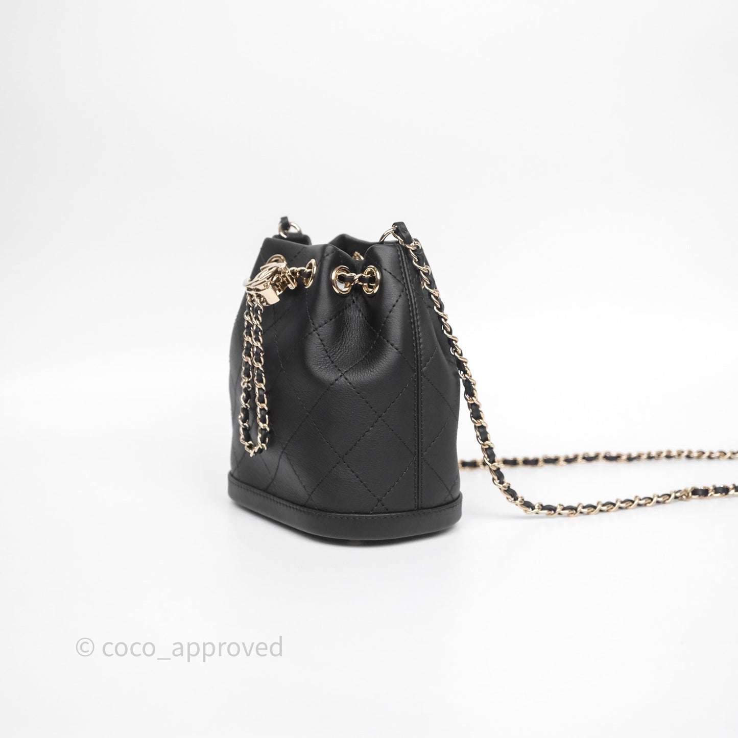 Chanel Quilted Drawstring Bucket Bag Black Calfskin Gold Hardware