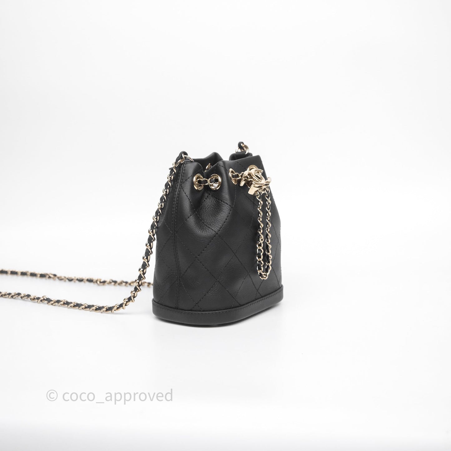 Chanel Quilted Drawstring Bucket Bag Black Calfskin Gold Hardware
