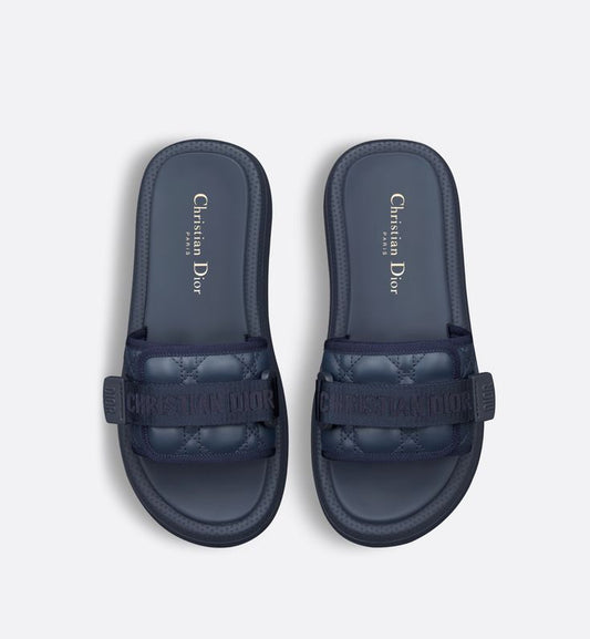Luxury Dioriviera Dio(R)Evolution Slide Deep Blue Quilted Cannage Leather-Effect Fabric