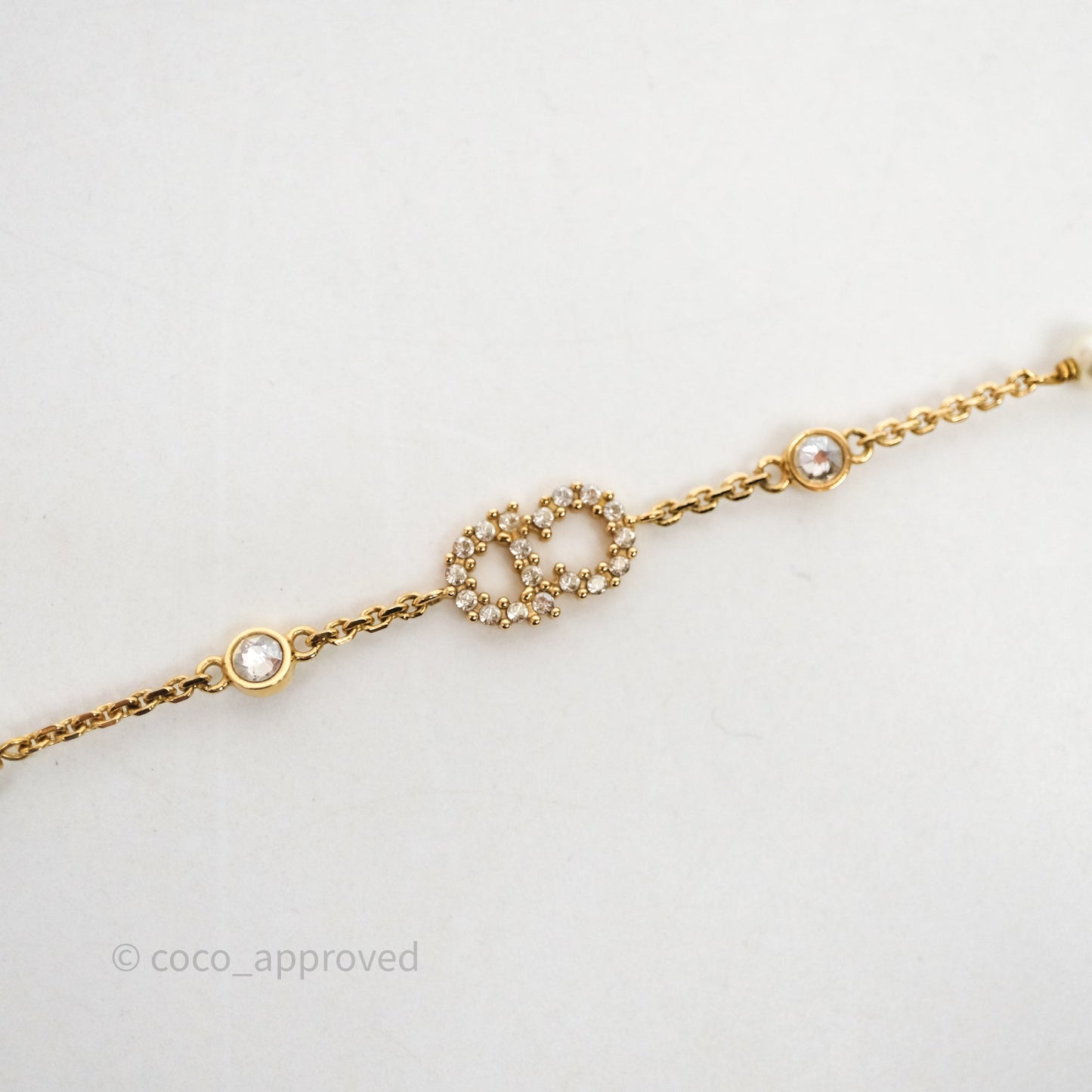 Christian Dior Metal Crystal Pearl CD Bracelet Gold Tone