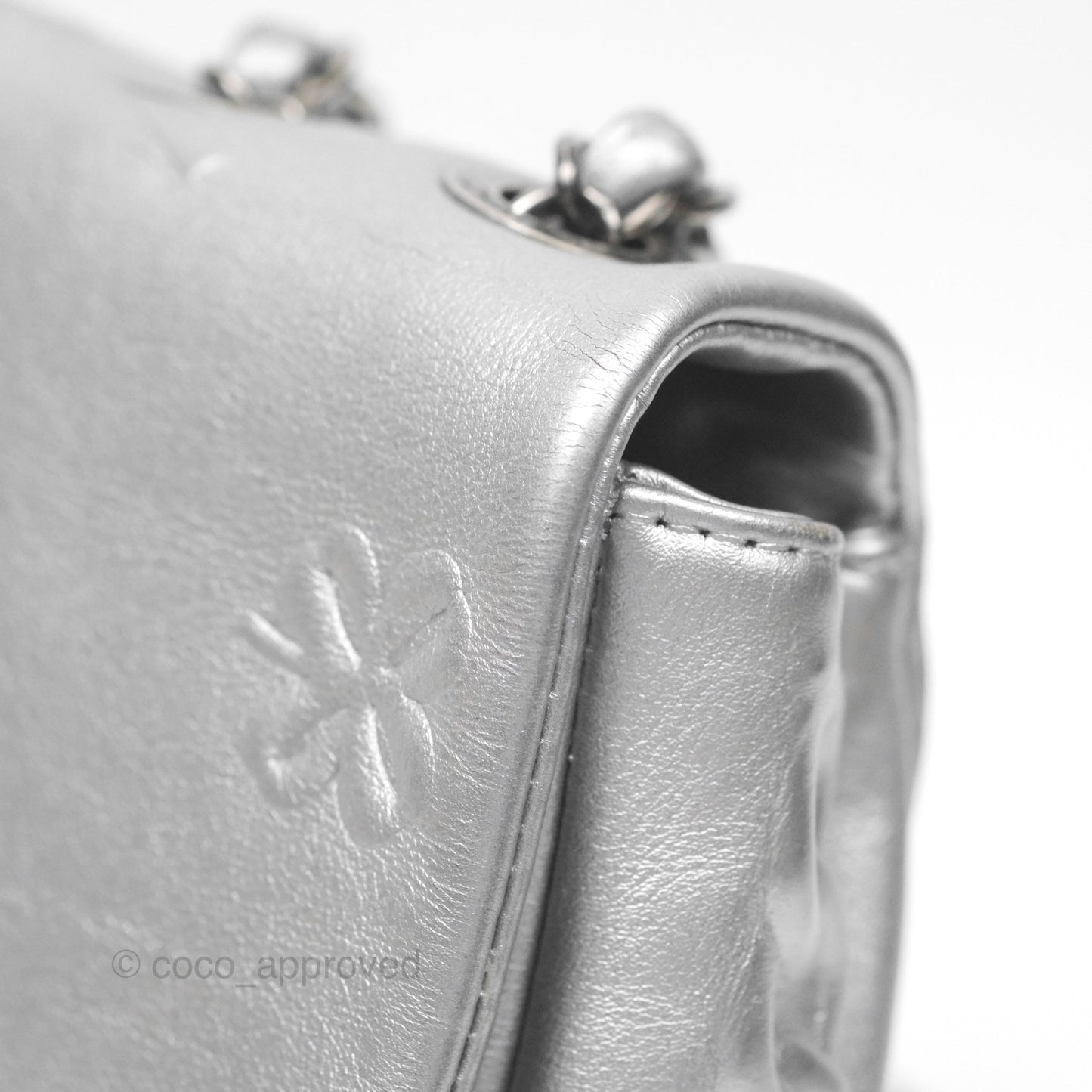 Chanel Medium Single Flap Embossed Metallic Silver Lambskin Ruthenium Hardware