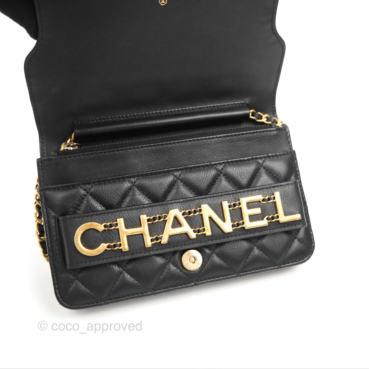 Chanel Logo Enchained Wallet On Chain WOC Black Calfskin Gold Hardware