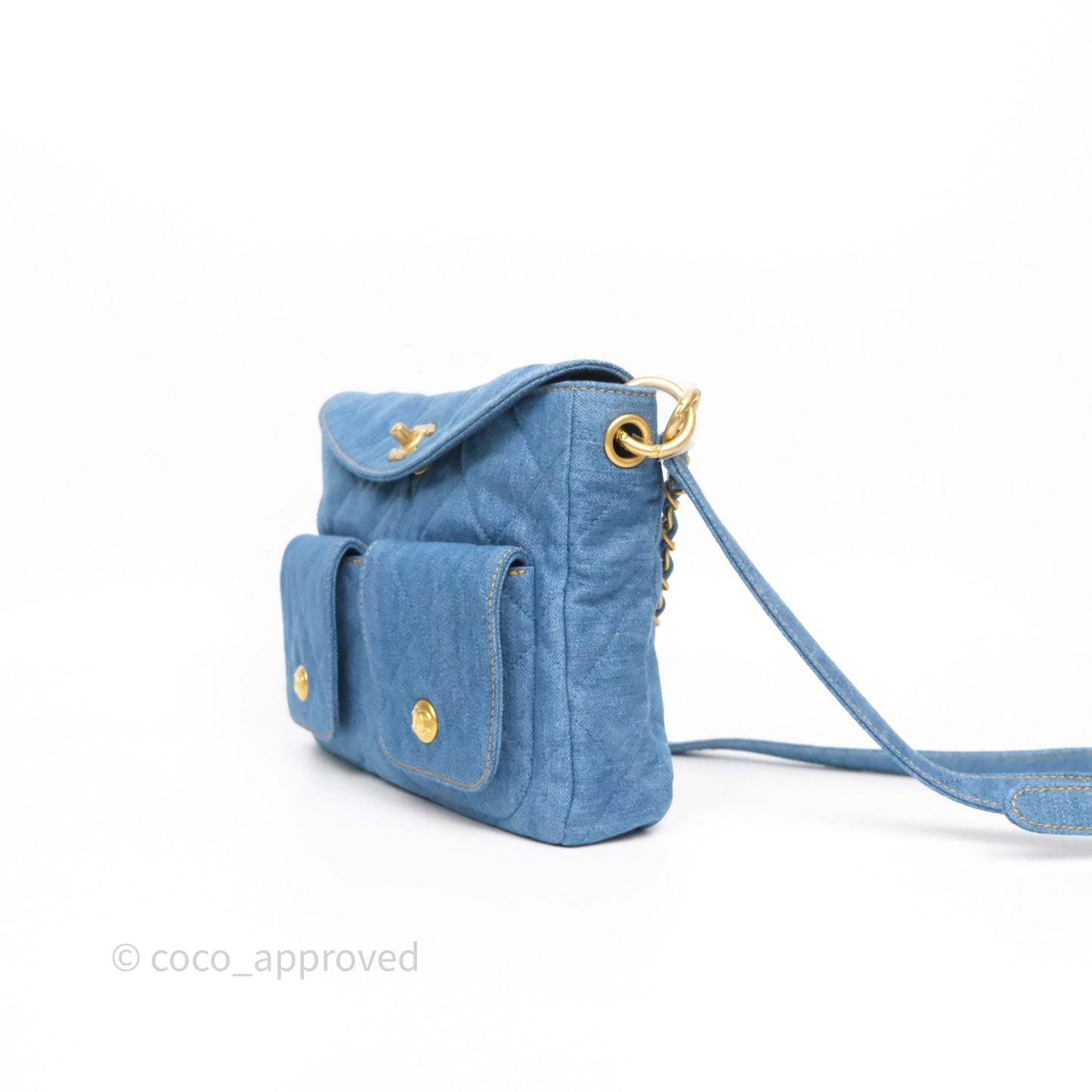 Chanel Double Pocket Hobo Bag Blue Denim Aged Gold Hardware