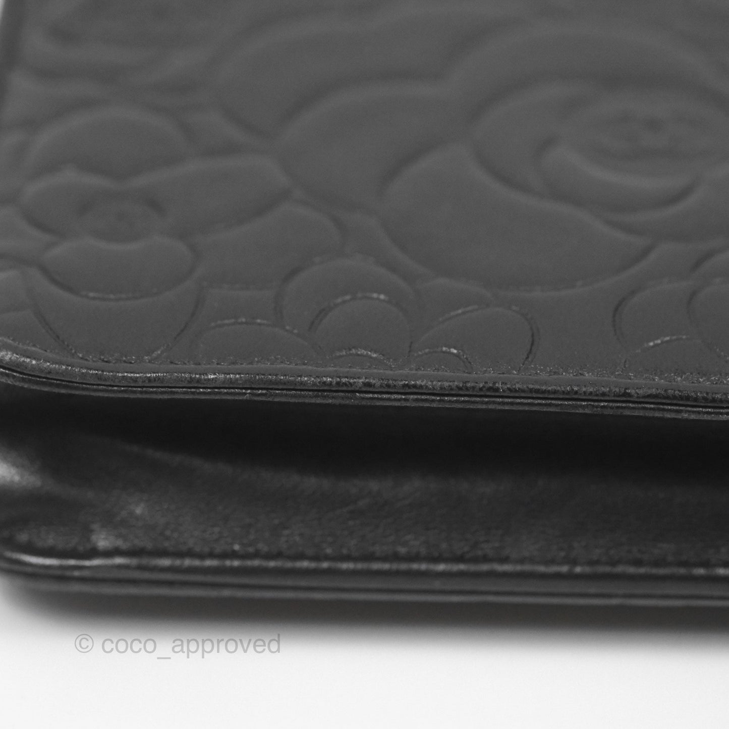 Chanel Camellia Embossed Wallet on Chain WOC Black Lambskin Silver Hardware