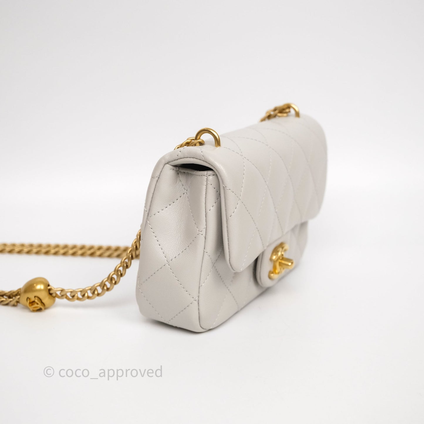 Chanel Heart Crush Mini Flap Bag Light Grey Lambskin Aged Gold Hardware 24P