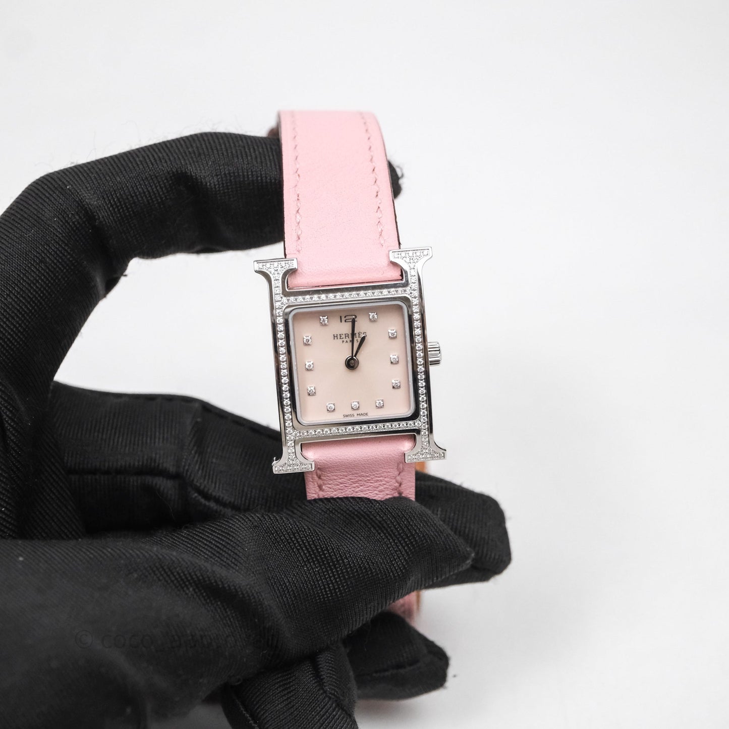 Hermès Heure H Watch Diamond Rose Sakura Swift Palladium Hardware