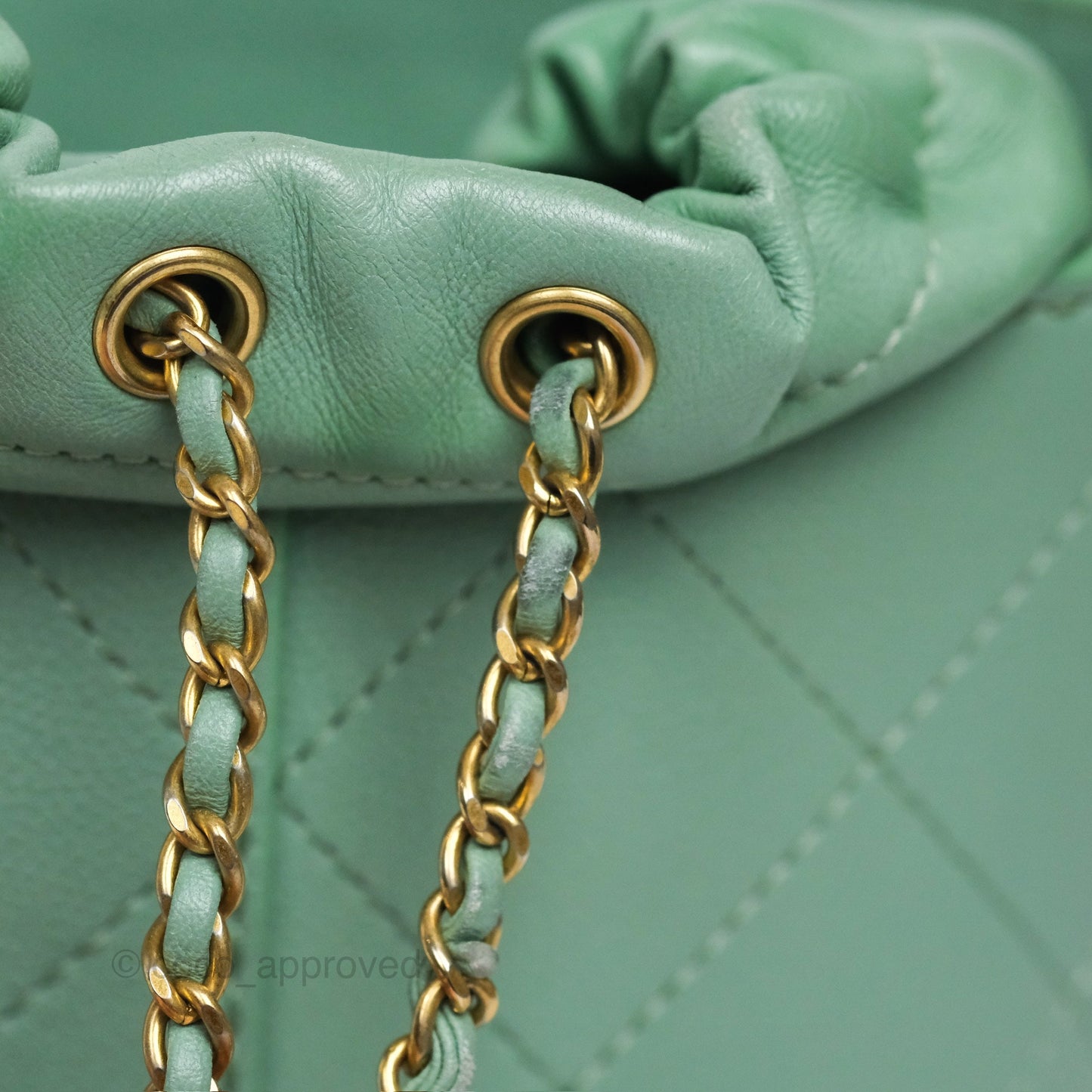 Chanel Drawstring Bucket Bag Quilted Green Caviar Aged Gold Hardware