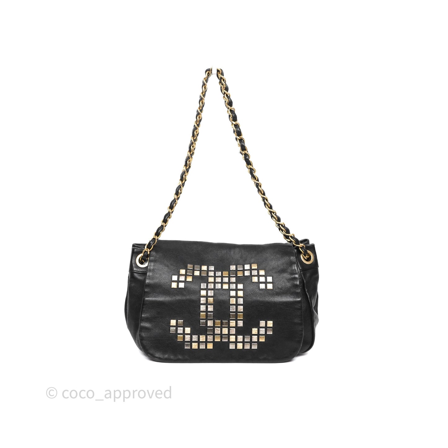 Chanel Mosaic Studs Accordion Flap Bag Black Calfskin Aged Gold Hardware