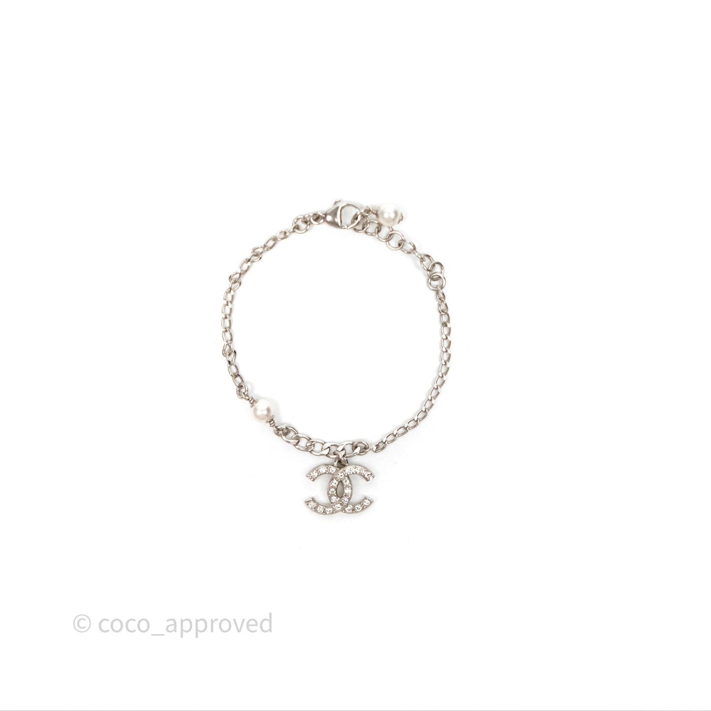 Chanel Crystal CC Pearl Bracelet Silver Tone 21A