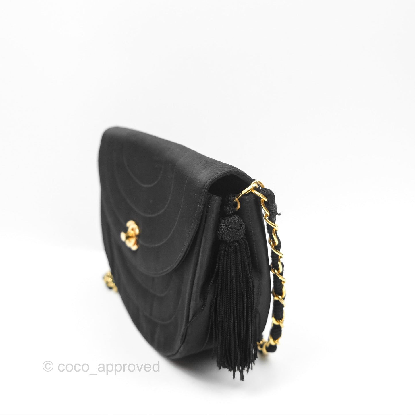Chanel Vintage Half Moon Tassel Flap Black Satin 24K Gold Hardware