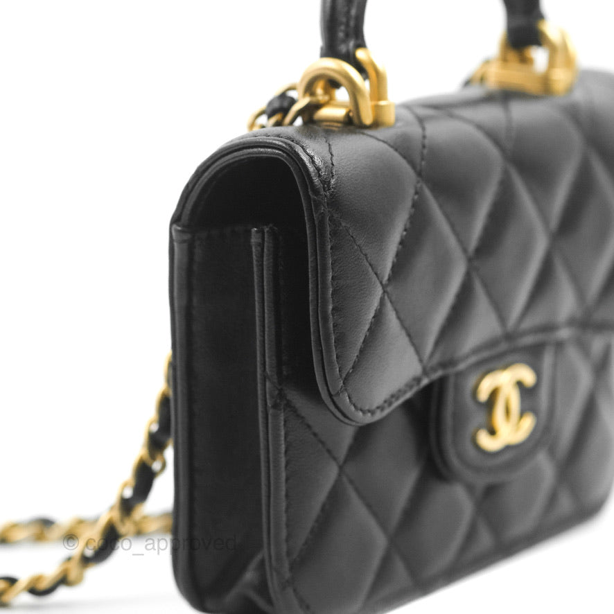 Chanel Mini Handle Flap Coin Purse With Chain Black Lambskin Gold Hardware