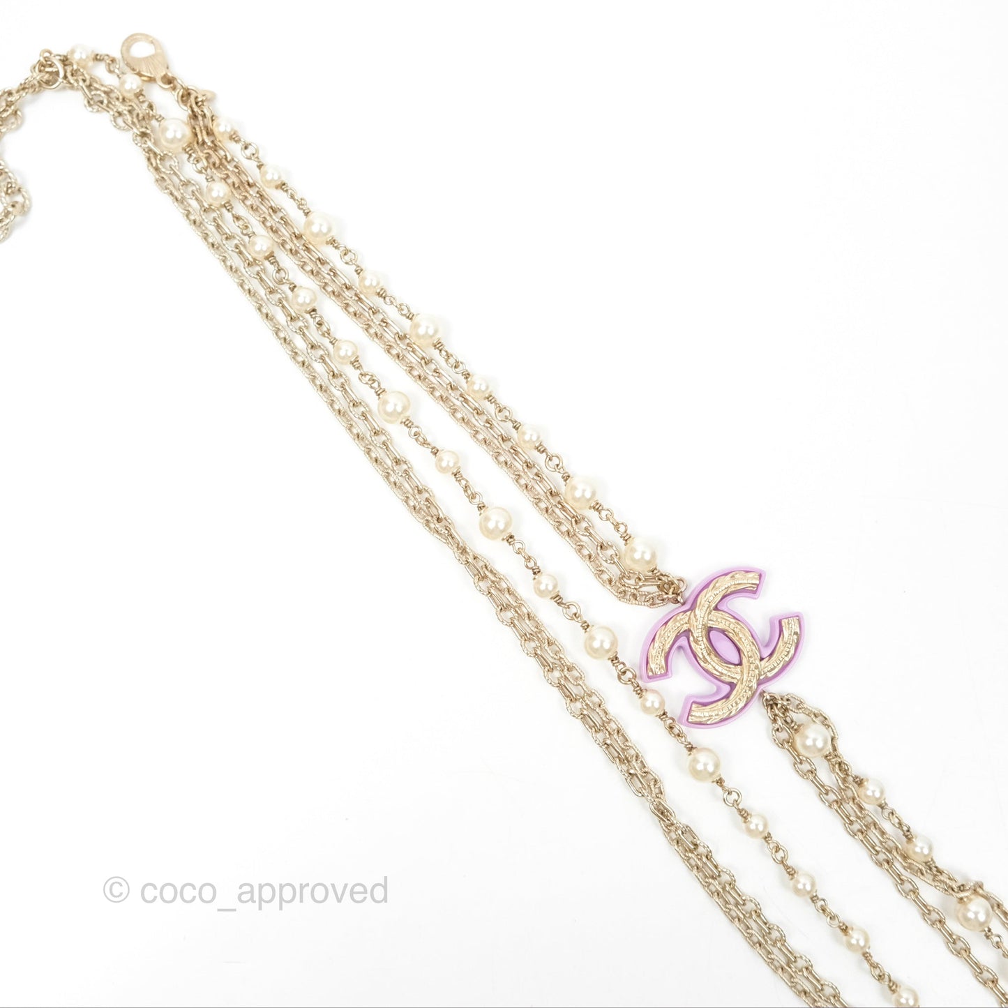 Chanel Purple CC Pearl Chain Long Necklace Gold Tone 15B