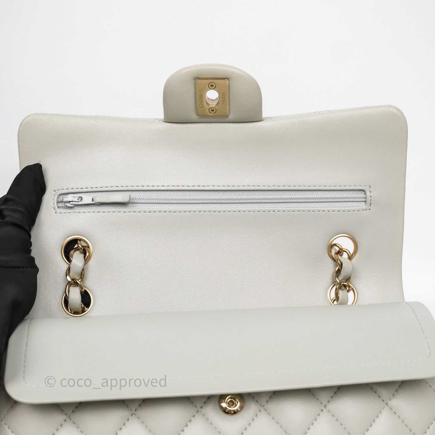 Chanel Small Classic Flap Quilted Grey Lambskin Gold Hardware