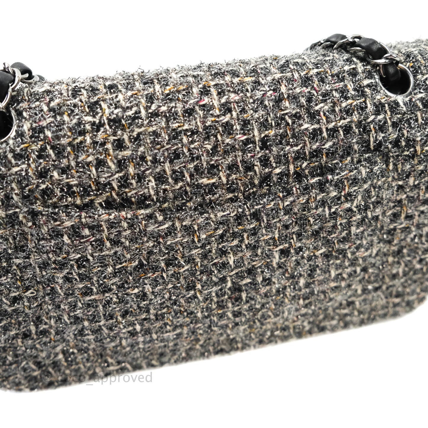 Chanel Classic M/L Medium Double Flap Black Tweed Gun Metal