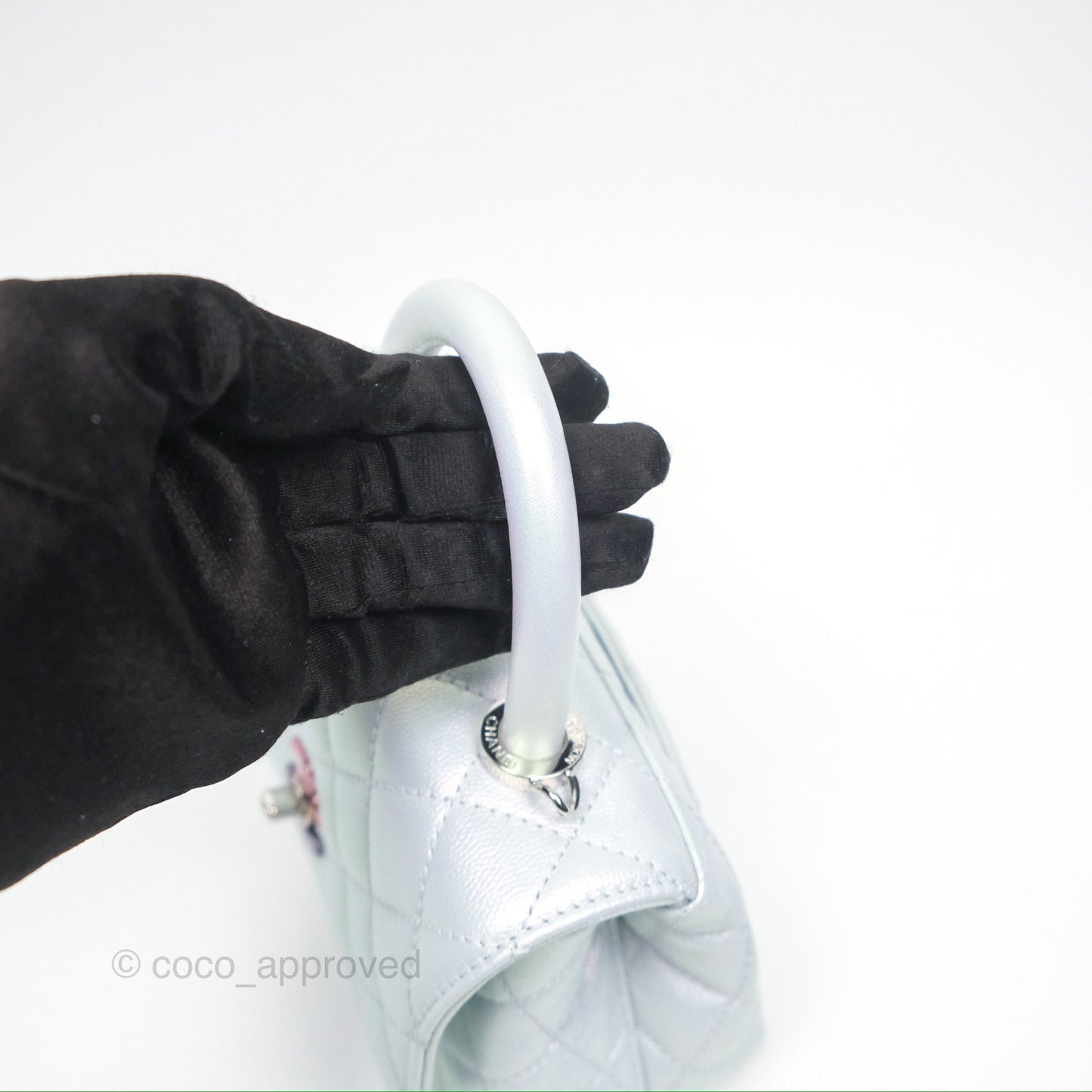Chanel Mini Coco Handle Quilted Iridescent Light Blue Caviar Rainbow Hardware 21K