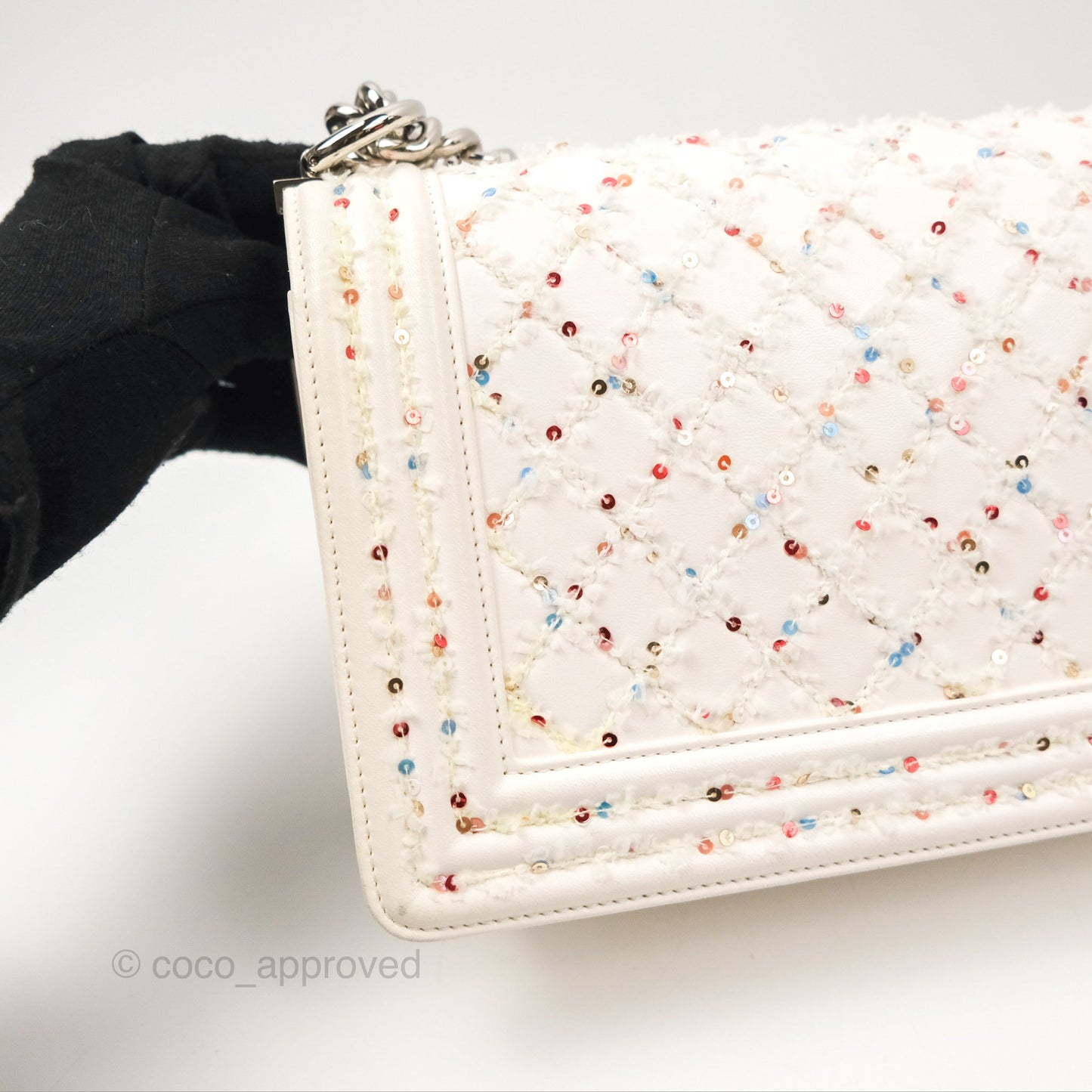 Chanel Medium Boy Sequins Quilted White Lambskin Silver Hardware