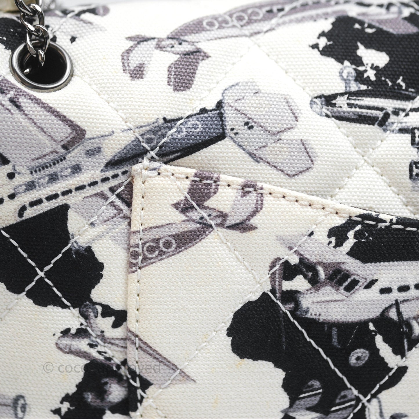 Chanel Quilted Airplane Printed Shoulder Flap Bag Canvas White