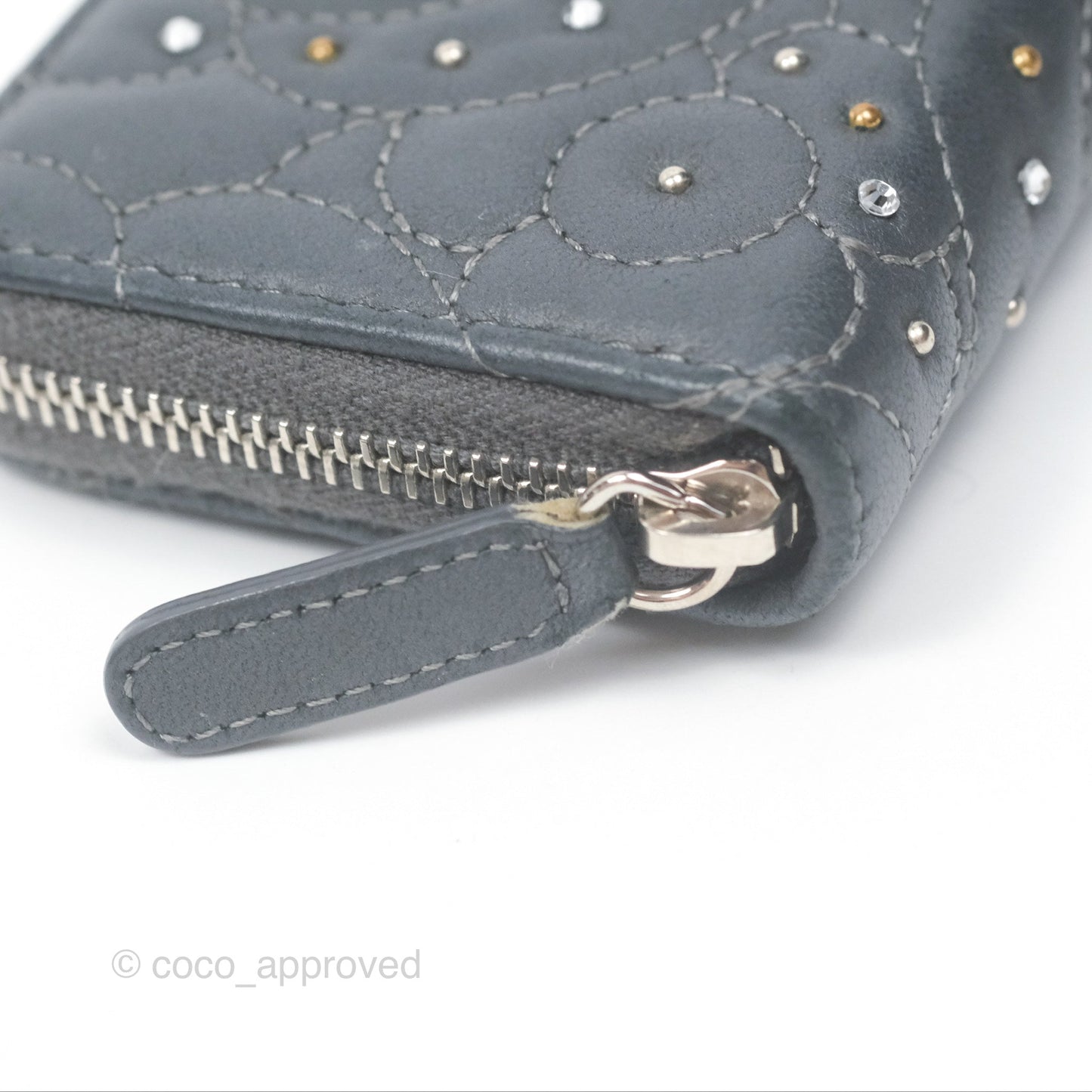 Chanel Camellia Crystal Studded Zipped Coin Purse Grey Silver Hardware