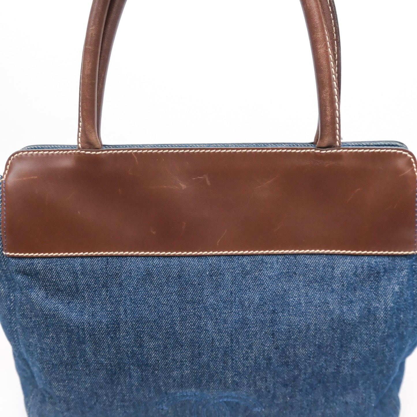 Chanel Vintage CC Tote Bag Denim Brown Leather