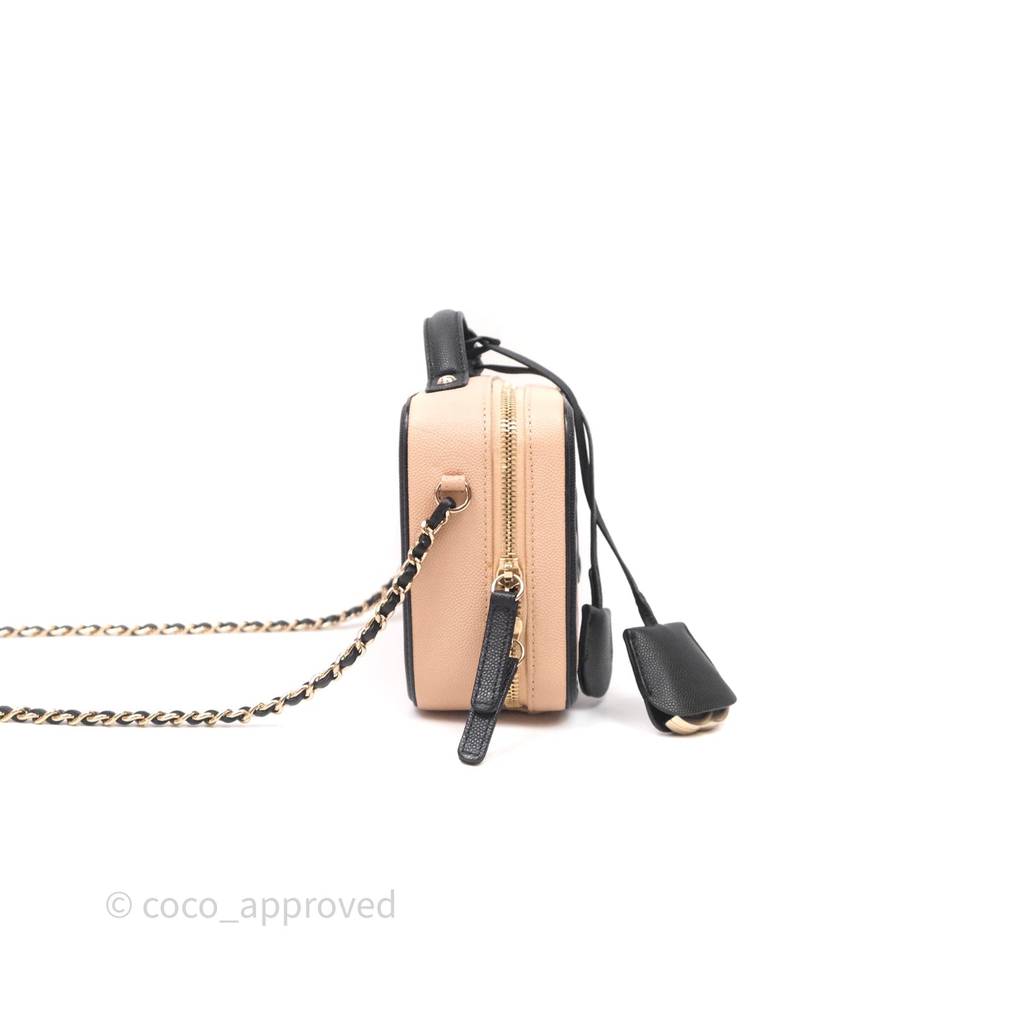 Chanel Quilted New Small CC Filigree Vanity Case Beige Caviar Gold Hardware