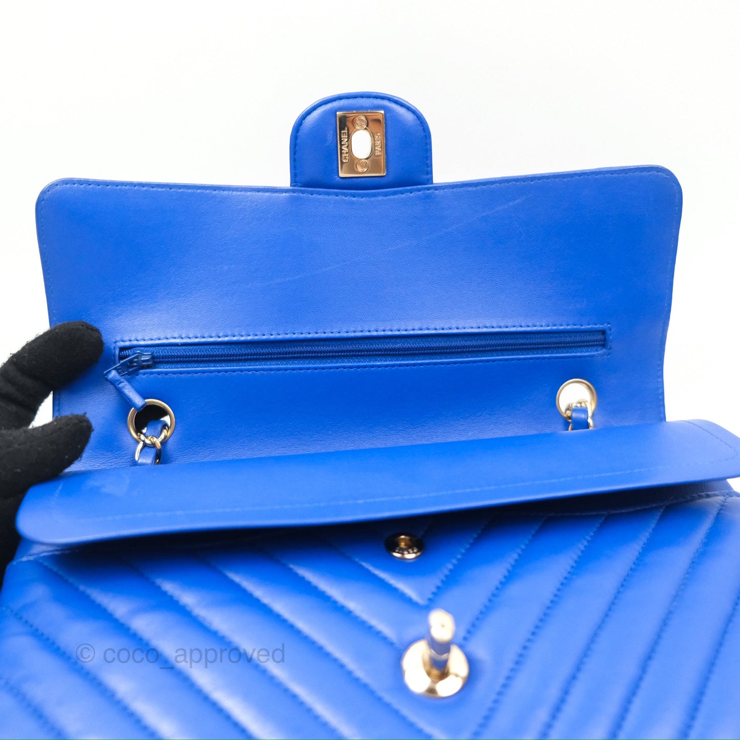 Chanel Medium Classic Flap Chevron Blue Lambskin Gold Hardware
