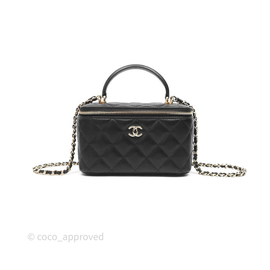 Chanel Classic Vanity Rectangular Top Handle With Chain Black Lambskin Gold Hardware
