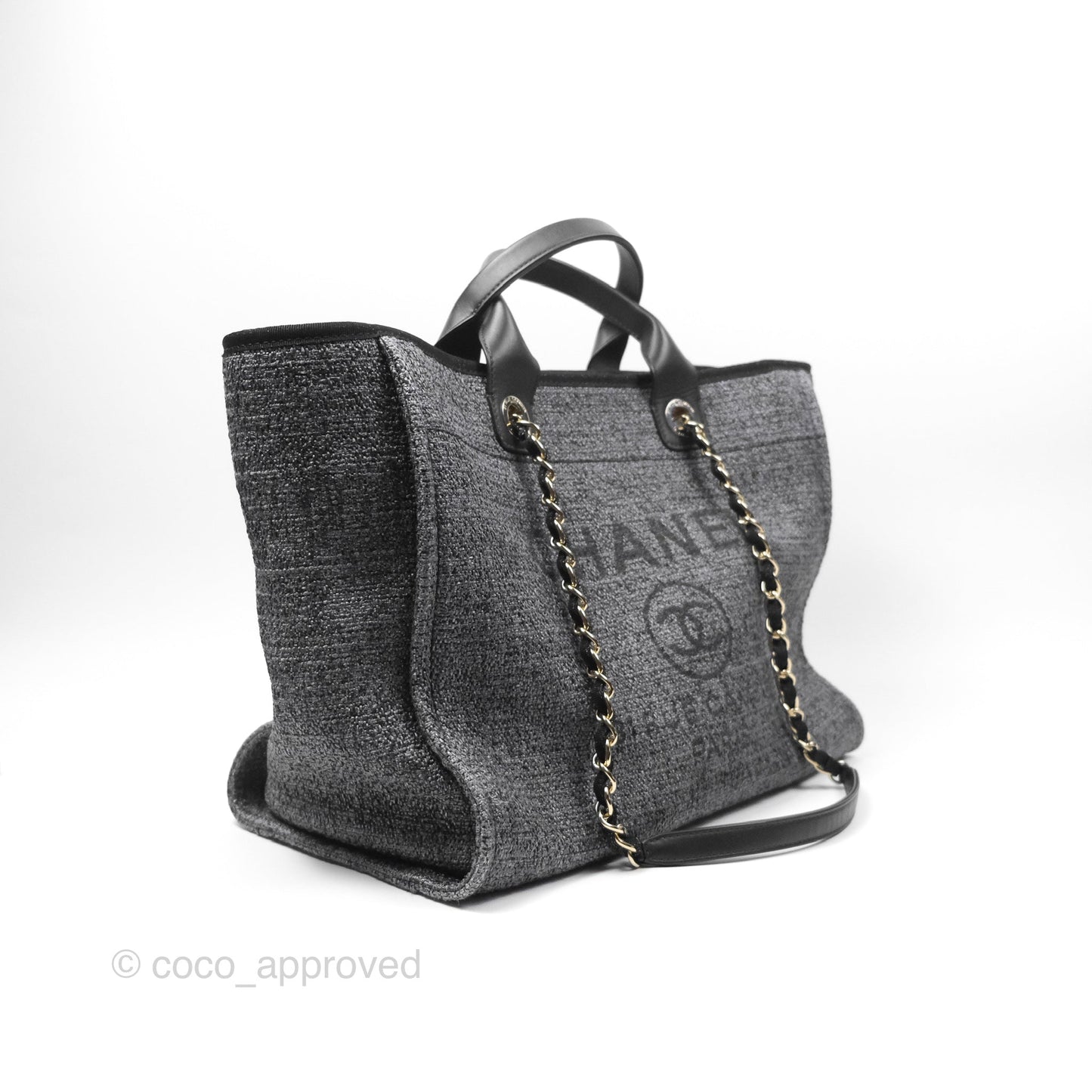 Chanel Large Deauville Glitter Black Grey Raffia Gold Hardware