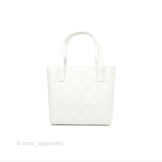 Chanel Vintage Quilted CC Tote Bag White Calfskin Gold Hardware