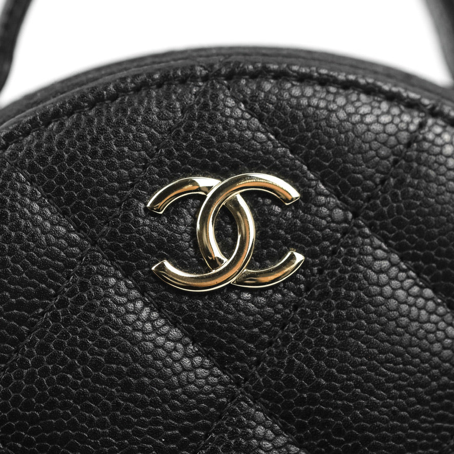 Chanel Mini Round Vanity Bag Handle With Care Black Caviar 22C