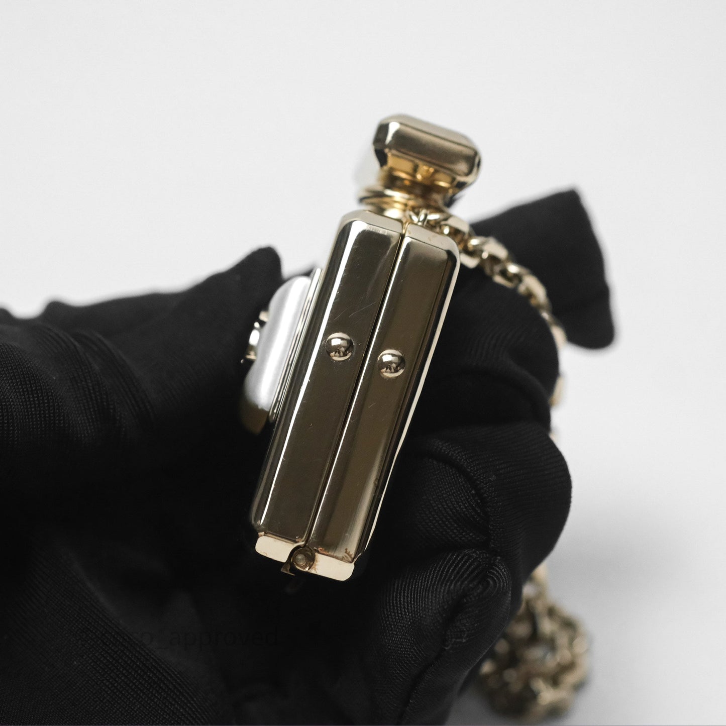 Chanel CC Metal Pearl Perfume Bottle Locket Necklace Gold Tone