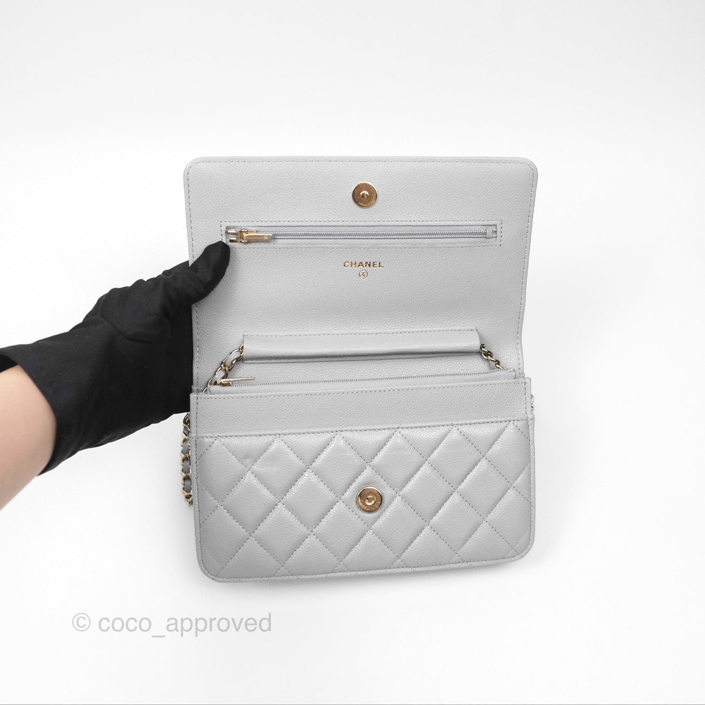 Chanel Quilted Classic Wallet on Chain WOC Grey Caviar Gold Hardware