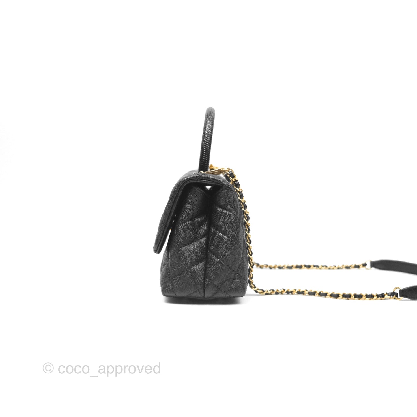 Chanel Small Coco Handle Quilted Black Caviar Aged Gold Hardware Lizard Handle