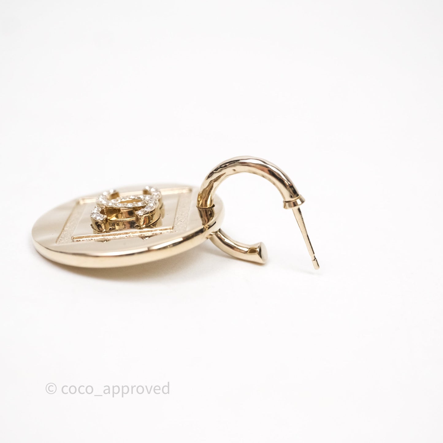 Chanel Crystals CC Round Drop Earrings Gold Tone 23P