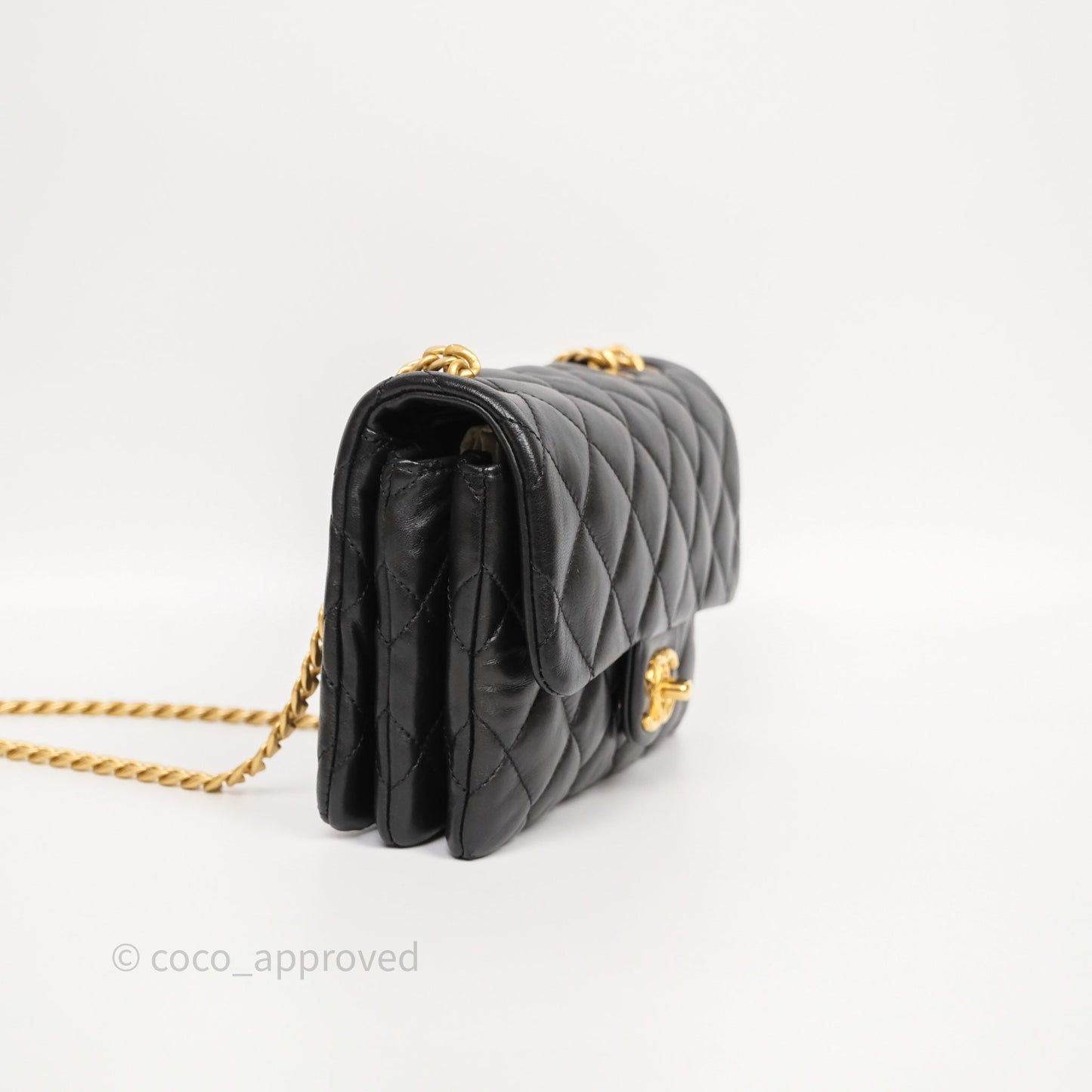 Chanel Small All Slide Adjustable Chain Flap Bag Black Lambskin Aged Gold Hardware 22K