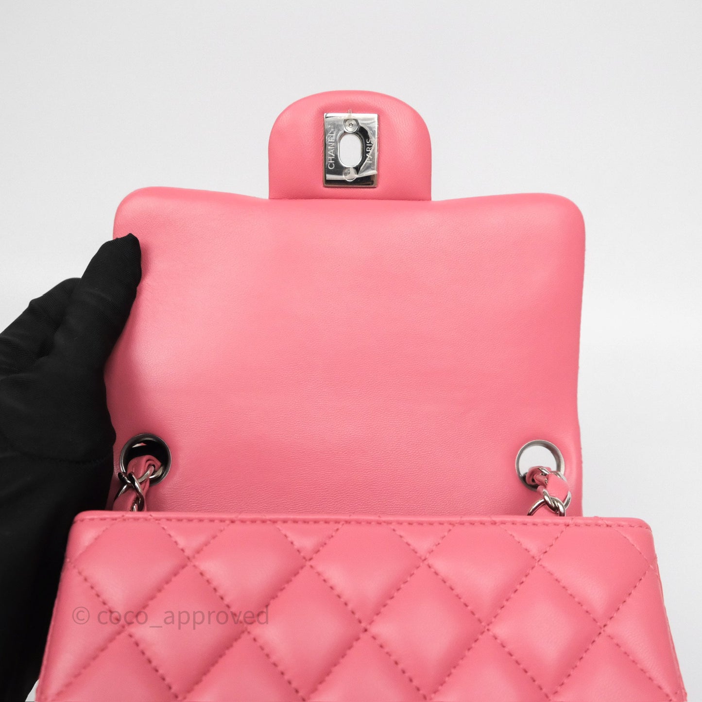Chanel Mini Square Flap Quilted Pink Lambskin Silver Hardware