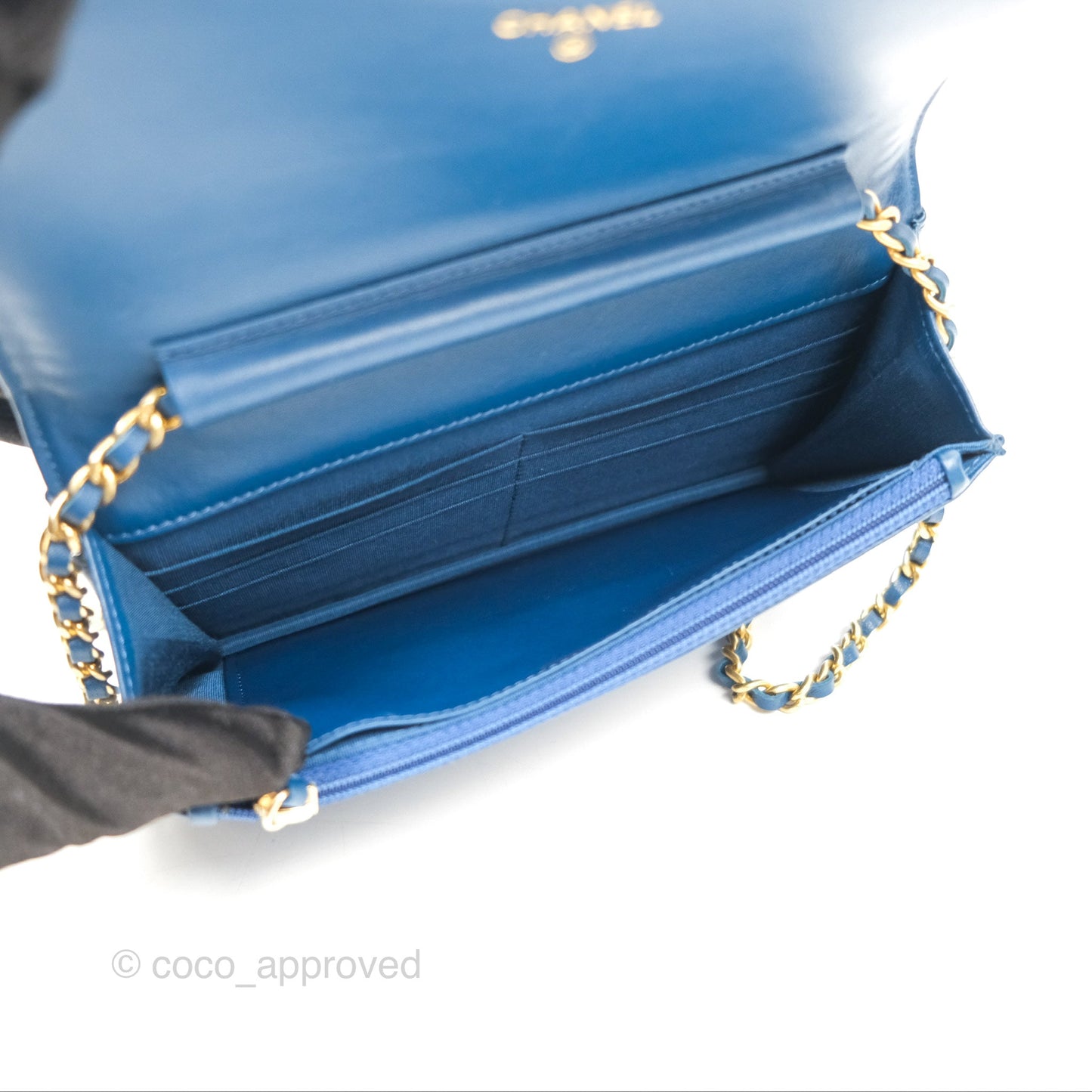 Chanel Quilted Boy Wallet on Chain WOC Blue Calfskin Aged Gold Hardware