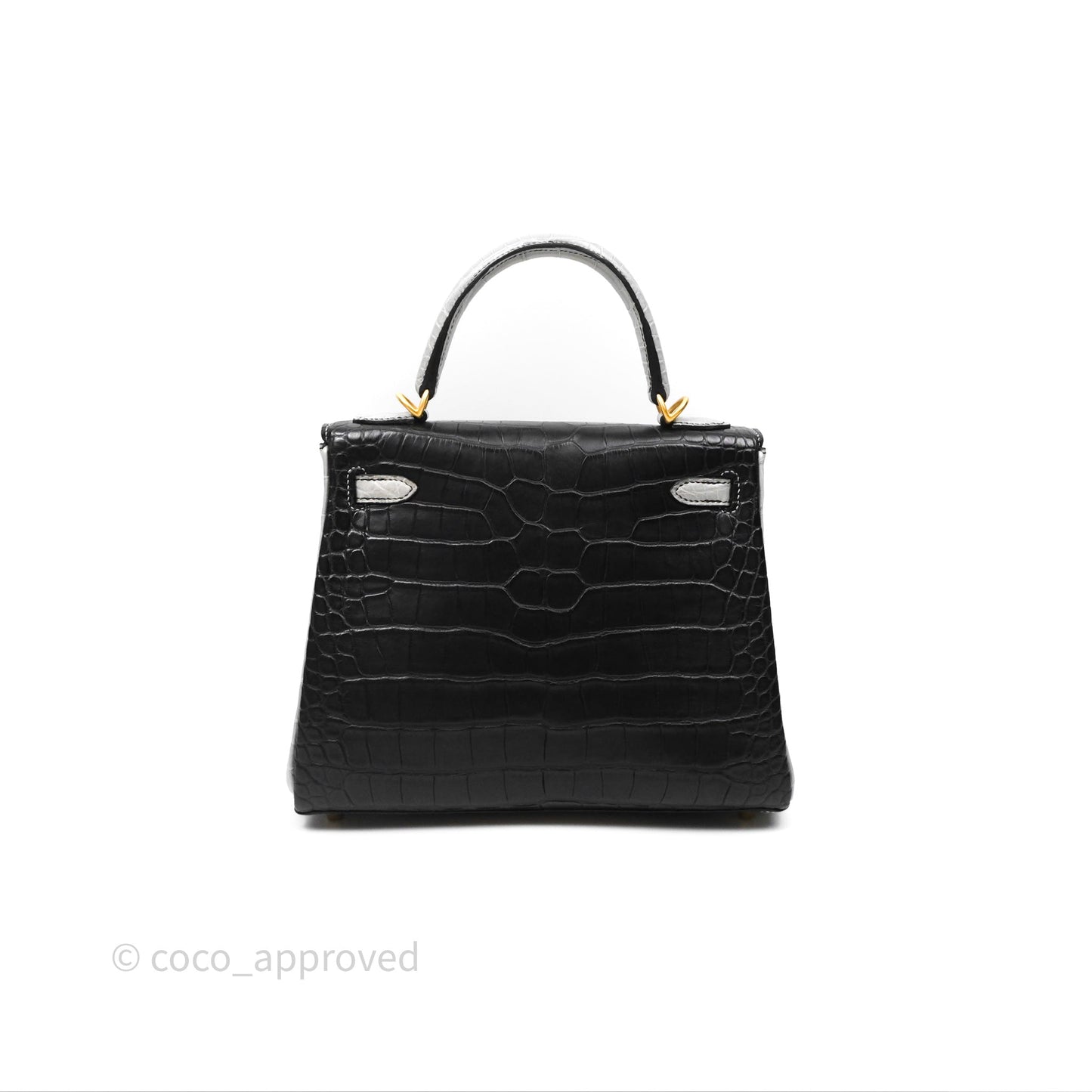 Hermès Retourne Kelly 25 Alligator Perso Noir 89 / Gris Mouette 4Z Brushed Gold Hardware